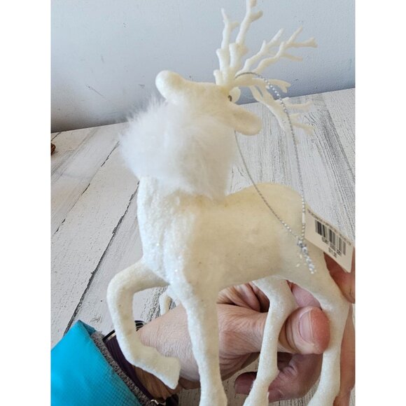 Vintage Macys holiday time reindeer fur glitter white ivory ornament Xmas tree - Picture 8 of 11